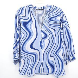 Zara linen-blend button up tunic top Size S blue white 3/4 puff sleeve beach